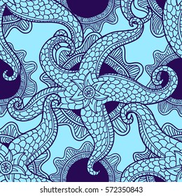 Vector illustration with sea stars. Abstract seamless pattern. May be used in textile, packing, decor. Seabed illustration. Exotic tropical design.