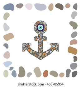 vector illustration / sea stones arranged in anchor shape with turkish evil eye nazar boncugu charm in the middle / decoration element