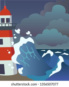 Vector illustration. Sea storm and lighthouse