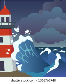 Vector illustration. Sea storm and lighthouse
