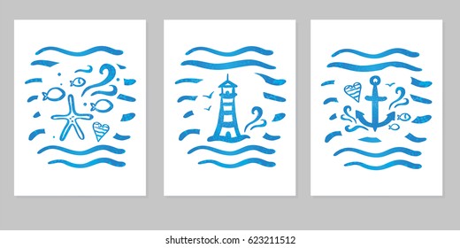 Vector illustration of sea striped posters set