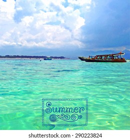Vector illustration of the sea. Summer time and travel. Gili Trawangan Islang in Indonesia. Tracing photo