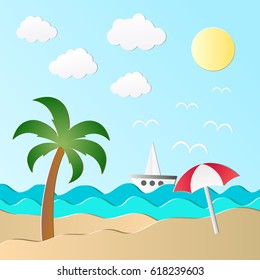 Vector illustration of the sea, sun and palm on the beach. Paper art style. 
