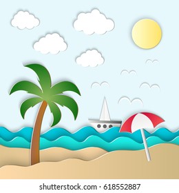 Vector illustration of the sea, sun and palm on the beach. Paper art style. 