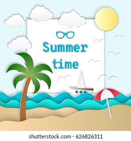 Vector illustration of the sea, sun and palm on the beach. Paper art style. Summer time card