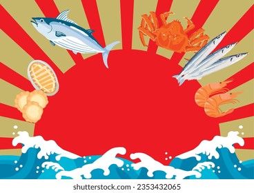 Vector illustration of sea and sunrise landscape with seafood.