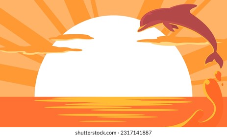 Vektorgrafik von Meeressonnenuntergang und Delphin. Sommerbannerhintergrund mit Kopienraum.