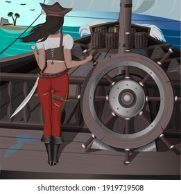 Vector illustration of a sea traveler at helm.