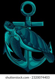 vector illustration of sea turtle with anchor on black background