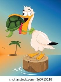 vector illustration of a sea turtle choking a pelican