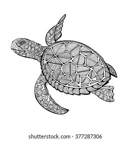 Vector illustration of sea turtle for Coloring book pages for kids and adults, Tattoo, shirt design effect, logo and decoration.