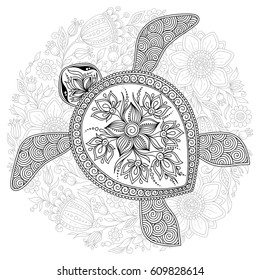 Vector illustration of sea turtle for Coloring book pages for kids and adults, Tattoo, shirt design effect, logo and decoration.