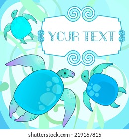 Vector illustration of a sea turtle. Frame for text.