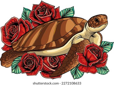 vector illustration of sea turtle with roses