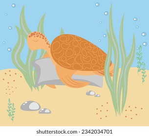 Vector illustration of a sea turtle sleeping on the ocean floor EPS10