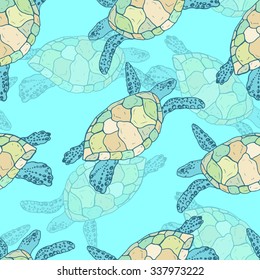 Vector illustration of sea turtles, handmade. Marine seamless pattern. A beautiful colorful background for your design of postcards, textiles, wallpaper.