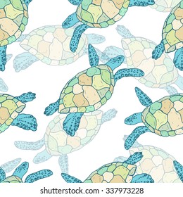 Vector illustration of sea turtles, handmade. Marine seamless pattern. A beautiful colorful background for your design of postcards, textiles, wallpaper.