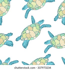 Vector illustration of sea turtles, handmade. Marine seamless pattern. A beautiful colorful background for your design of postcards, textiles, wallpaper.