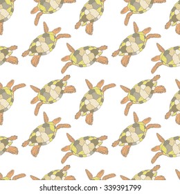 Vector illustration of sea turtles, handmade. Marine seamless pattern. A beautiful colorful background for your design of postcards, textiles, wallpaper.