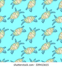 Vector illustration of sea turtles, handmade. Marine seamless pattern. A beautiful colorful background for your design of postcards, textiles, wallpaper.