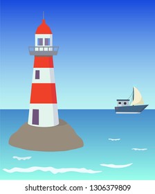 Vector illustration. Sea underwater with  lighthouse