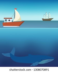 Vector illustration. Sea underwater with  whale and ship, boats