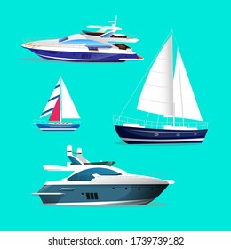 Vector illustration. Sea vessel, ships collection. Motor yacht, sailboats, boat. Set of icons.