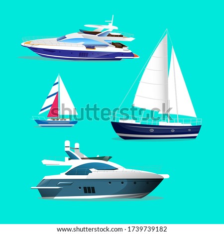 Vector illustration. Sea vessel, ships collection. Motor yacht, sailboats, boat. Set of icons.