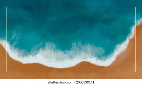 Vektorgrafik des Meeres. Blick aufs Meer von oben. Schöne Natur. Wellen und Sand. Imitation der Ölmalerei. Seascape.