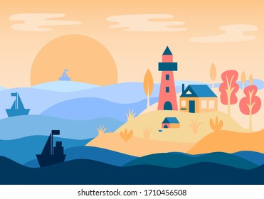 Vector illustration of sea view with a lighthouse that can be used as a background for banner, advertisement, poster, flyer, travel guide, web template design. Seascape for digital usage or printing