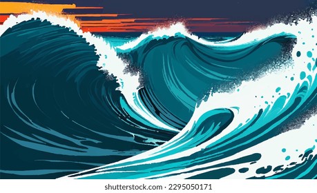 Vector illustration of a sea wave in blue and orange colors with splashes