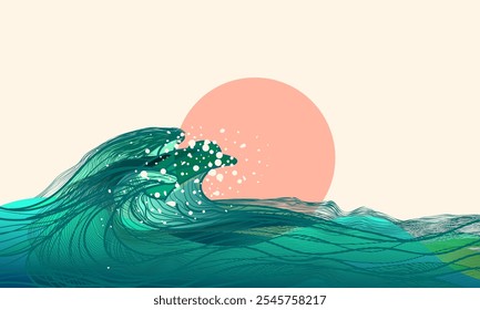 Vector illustration of a sea wave with a dolphin in the water.