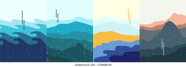 Vector Illustration. Sea Wave, Mountain Morning Scene, Lake In Desert, Himalayas. Old Paper With Scratches Effect. Hand Drawn Japanese Pattern. Vintage Nature Graphic. Abstract Flat Landscape Design