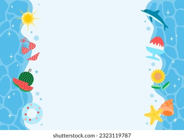 Vector illustration of sea wave and summer image icon. Cute frame design. The middle is the text space.