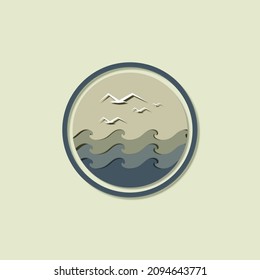Vector illustration of sea waves and bird. Nature icon concept.