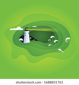 Vector illustration of sea waves and lighthouse.Paper effect landscape .