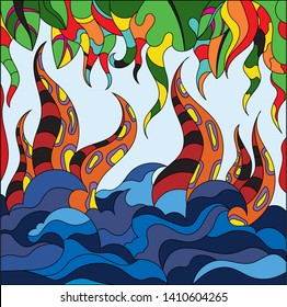 Vector illustration of sea waves, monster with tentacles and paradise garden. Abstract graphics for wallpapers, textile backgrounds and book covers