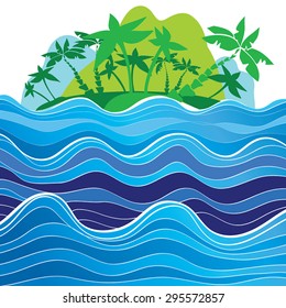 Vector illustration of sea with waves and tropical island  with palm trees and mountains. Cut silhouettes on white.Summer vacation, travel, adventures concept. Flat sea side landscape. Eps 10.