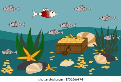 Vektorgrafik Sea World. Ein Schatz auf dem Meeresboden, marines Leben. 