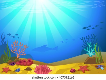 Vector illustration of a seabed with corals and small fishes