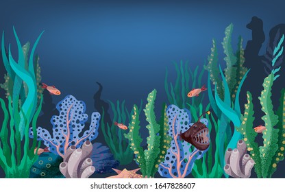 Vector illustration of the seabed with  fish and marine plants.