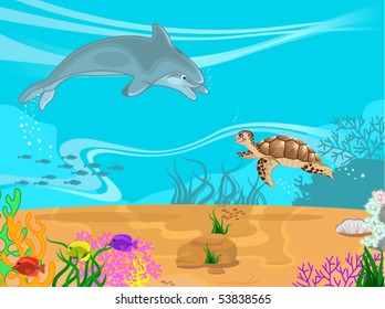 Vector illustration of the seabed and its inhabitants