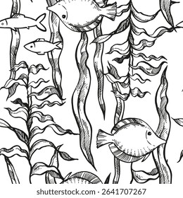ilustração vetorial do fundo do mar, padrão sem emenda de profundidades, algas subaquáticas desenhadas à mão, planta no fundo do mar, oceano, peixes tropicais, esboço monocromático preto e branco de recife, arte de linha marinha