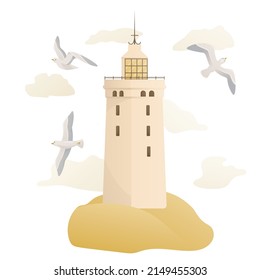 Vector illustration of seacoast in flat cartoon style. Nautical icon with lighthouse and gull birds. Isolated on white background.