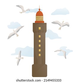 Vector illustration of seacoast in flat cartoon style. Nautical icon with lighthouse and gull birds. Isolated on white background.
