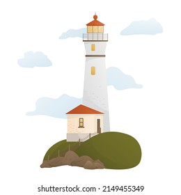 Ilustración vectorial de la costa marina en estilo de dibujos animados planos. Icono náutico con faro en la colina. Aislado sobre fondo blanco.