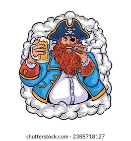 vector illustration of a seafarer holding a glass of beer and a cigar with smoke billowing in the background