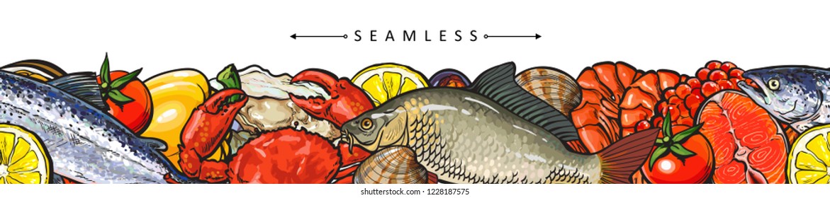 Vector illustration of seafood border seamless pattern with various edible marine animals and vegetables. Colorful hand drawn fishes, shells and crustaceans for sea food restaurant or market design.