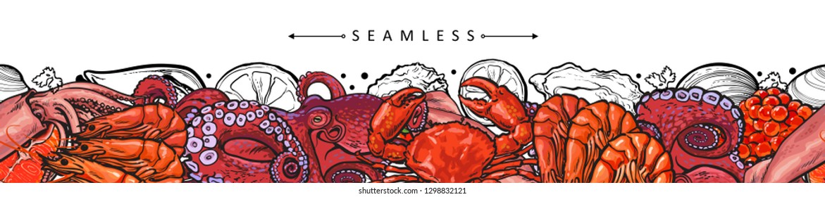 Vector illustration of seafood border seamless pattern with various delicacy marine edible animals isolated on white background - bright colorful hand drawn sea food design element.