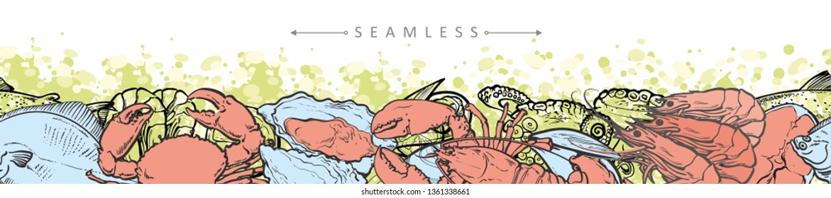 Vector illustration of seafood border seamless pattern with various marine edible animals - isolated hand drawn fishes, shells and crustaceans for sea food restaurant or market design.